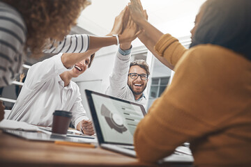Aufkleber - Group of people, laptop screen and high five for teamwork, success and business meeting in office. Employees, tech and happy for support, project or diversity for collaboration, creativity or career