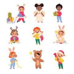 Sticker - Kids Celebrate Christmas Holiday at Winter Vector Set