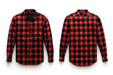 Wall Mural - Front and back view of red and black checkered flannel shirt on white background