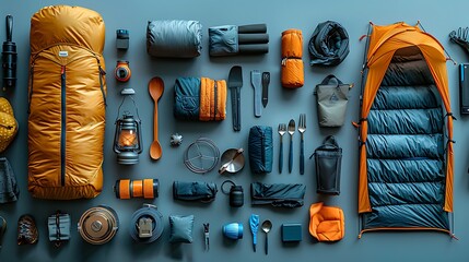 a clean and organized arrangement of camping essentials such as a tent, sleeping bag, portable stove