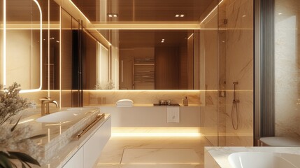 A mirrored wall in a luxurious bathroom with marble accents, creating an illusion of infinite space and luxury.