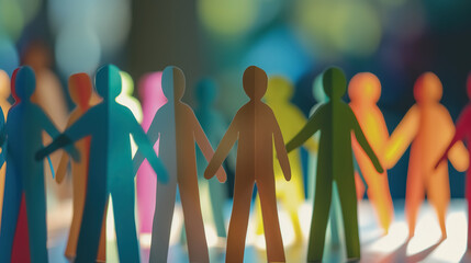 Colorful paper people figures standing in a row, representing a diverse group of friends or community members 