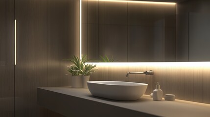 Wall Mural - A modern mirror with LED lighting around it, perfect for a high-tech bathroom setup, reflecting a sleek, minimalist interior. 24028f3eec68