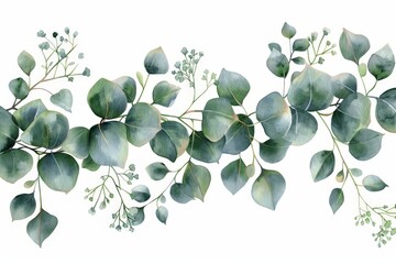 Wall Mural - Watercolor vector green floral banner with silver dollar eucalyptus leaves and branches, gypsophila illustration isolated on white background