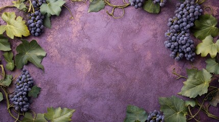 Poster - Grape vines and leaves on a textured purple stone background, with space for popular messages and themes.