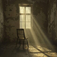 A single chair in an empty room with peeling wallpaper and a single window letting in a beam of light