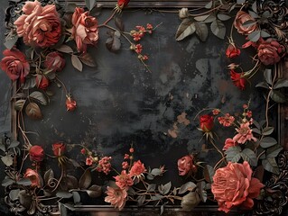 Sticker - Dramatic Gothic Frame with Dark Roses and Intricate Patterns on a Black Background  Mysterious Botanical Concept Art for Decor and Design