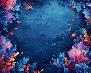 Wall Mural - Vibrant Underwater Frame with Aquatic Life and Coral Reef on Deep Blue Background