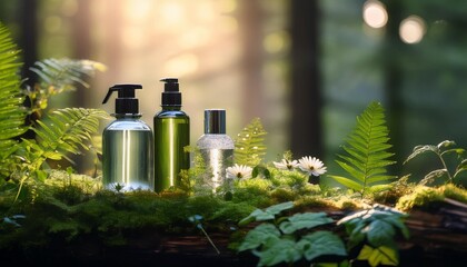 Organic cosmetics nestled among dewy green leaves and wildflowers in a serene forest setting.