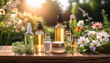 Natural cosmetics arranged on a rustic wooden table amidst blooming garden flowers and fresh nature.