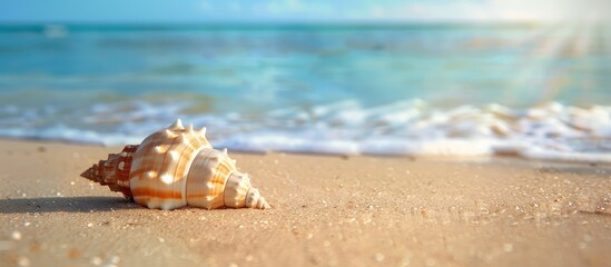 Poster - A stunning seashell on a sandy beach with ample copy space image