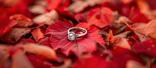 Fototapete - Festive autumn themed decoration with a wedding engagement ring displayed on red leaves in a copy space image