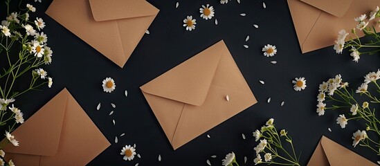 Aufkleber - Top view of wedding themed craft envelopes displayed against a black background accompanied by paper cards white flowers and ample copy space for a memorable date organization concept