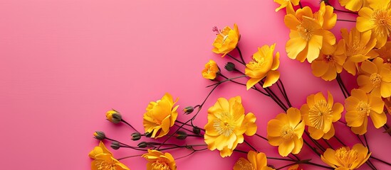 Aufkleber - Pink paper background adorned with bright yellow flowers perfect for a copy space image