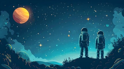 Wall Mural - space with astronauts and interstellar planets in starry night sky