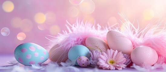 Poster - Happy Easter holidays with a festive arrangement of vibrant Easter eggs feathers and a pastel backdrop in a beautiful copy space image