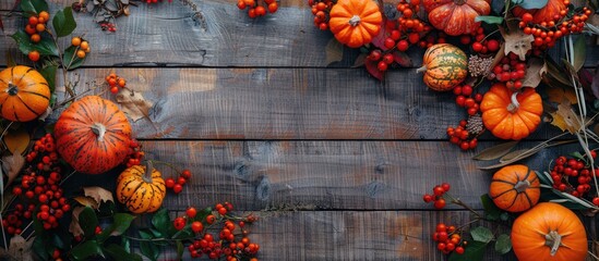Poster - Fall themed decorations on a wooden table include pumpkins rowan and flowers creating an autumnal composition View from above with copy space image available