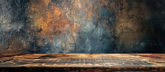 Poster - Wooden table over a grungy wall providing an empty copy space image