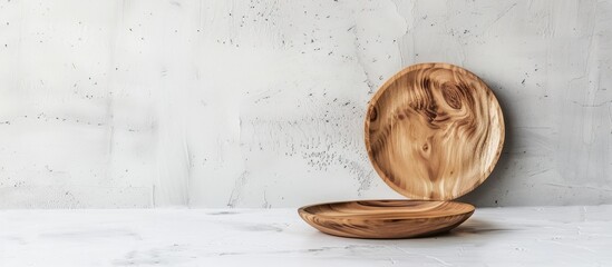 Aufkleber - Wooden plate on table with a white backdrop ideal for showcasing food in a copy space image