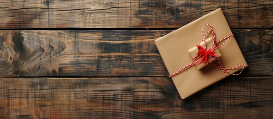 Aufkleber - Gift box and notebook paper on wooden floor background for Christmas decor with copy space image
