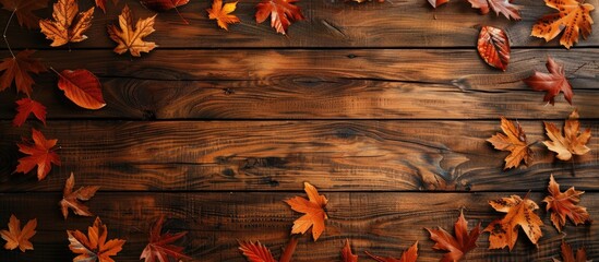 Wall Mural - Top down view of a rustic wooden table adorned with vibrant fall leaves perfect for Thanksgiving or autumn themed compositions with plenty of room for text or images. Creative banner. Copyspace image