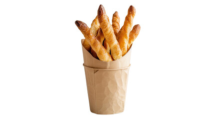 Wall Mural - Baked bread stick in paper bucket on transparent background