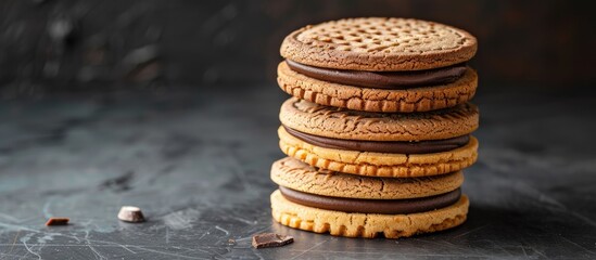 Poster - Sandwich cookies with vanilla chocolate filling set on a dark backdrop with copy space image