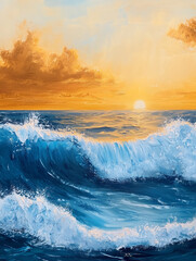 Wall Mural - a vibrant seascape captures the beauty of an ocean sunset, with powerful waves crashing under a gold