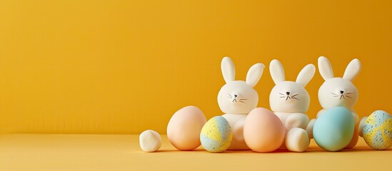 Sticker - An image suitable for Easter featuring three marshmallow bunnies and colorful chocolate Easter eggs on an orange surface with a yellow background offering space for copying