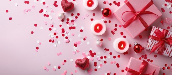 Fototapete - Valentine s Day themed picture with gifts candles and confetti on a pink background Top view with ample copy space for a postcard or message