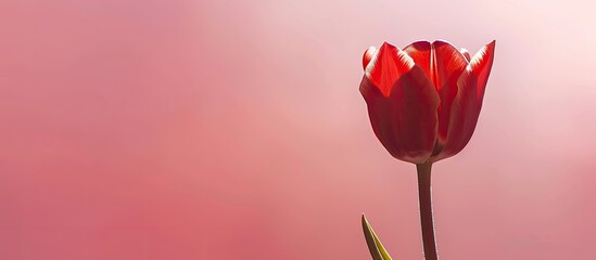 Aufkleber - Vivid red tulip with delicate petals in sunlight on pink backdrop focusing with copy space image