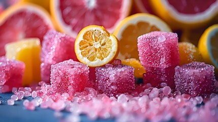 Poster - A pile of pink and yellow sugar cubes with a lemon slice on top