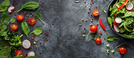 Poster - Fresh vegetable salad beautifully presented on a textured gray stone backdrop with ample copy space showcasing a vibrant array of colorful ingredients such as tomatoes spinach peppers chili and radis