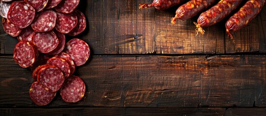 Poster - Wooden table with sausage slices arranged ideal for copy space image