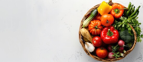 Canvas Print - Isolated on a white background a top view basket of vegetables is ideal for a web banner with ample copy space image