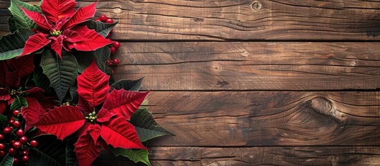 Aufkleber - Vibrant red poinsettia against a rustic wooden background perfect for a copy space image