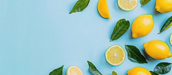 Aufkleber - A fresh and trendy summer themed flat lay with lemon patterns on a bright light blue background with space available for additional images