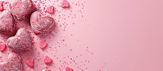 Poster - Valentine s Day themed image with heart shaped candies on a pink backdrop offering empty space for additional content