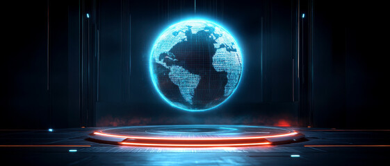 Glowing blue earth globe levitating above a platform with red neon lights.