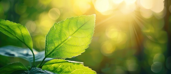 Fototapete - A stunning natural view showcasing a vibrant green leaf against a blurred green backdrop in a garden bathed in sunlight with ample copy space and emphasizing a lush eco friendly setting