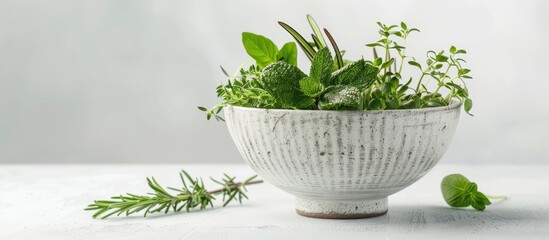 Aufkleber - White background highlights a bowl with fresh herbs in a copy space image