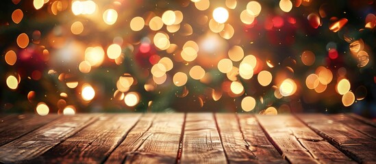 Poster - A wooden table with a blurred Christmas tree background adorned with twinkling lights serves as a festive holiday setting for product display or montages with copy space image