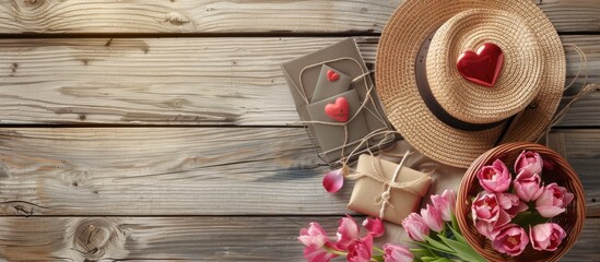 Aufkleber - Wooden background with a woman s hat basket of flowers heart and romantic card all set up elegantly with copy space image