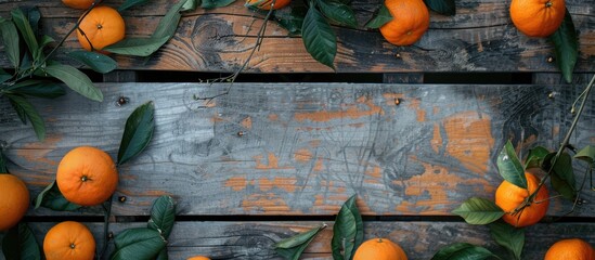 Wall Mural - Weathered wooden surface featuring oranges with leaves providing copy space image