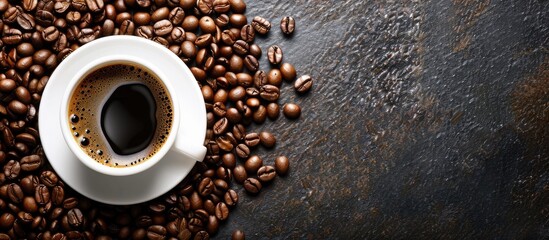 Poster - Overhead view of a cup of coffee with coffee beans around it with copy space image