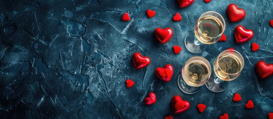 Leinwandbilder - A romantic Valentine s Day card featuring champagne glasses and heart shaped candies shown from above with space for text or images such as in a flat lay composition. Creative banner. Copyspace image
