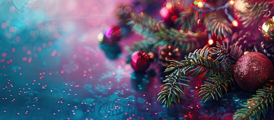 Poster - Festive Christmas tree decoration on a colorful background ideal for holiday related copy space image