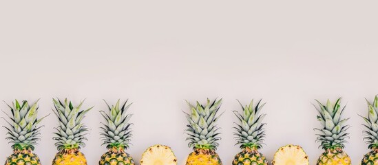 Wall Mural - Fresh pineapples arranged in a neat stack with a white background perfect for a copy space image