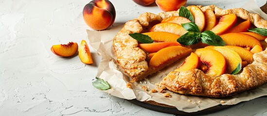 Aufkleber - Light background with a serving board featuring pieces of delicious peach galette creating potential copy space image