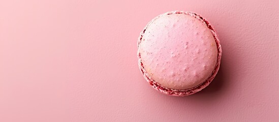 Poster - Top view of a pink macaroon biscuit on a pink background with copy space image emphasizing minimalistic food styling